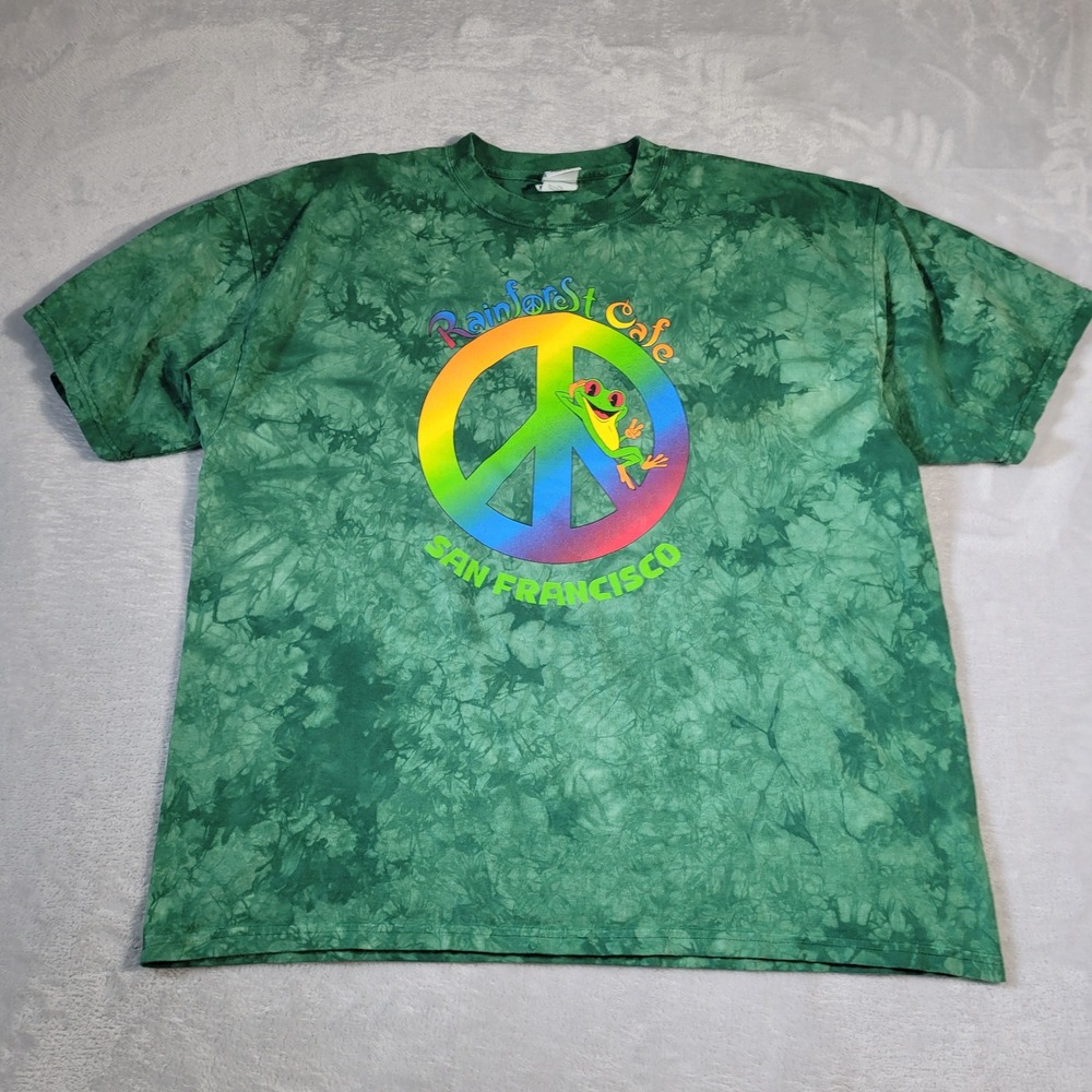 Rainforest Cafe T-Shirt Mens XXL Green Tie Dye Peace Sign Frog San Francisco